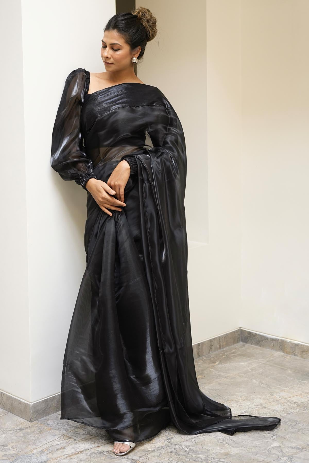 Buy Dark Black Organza Drape Saree For Women's available at ScrollnShops